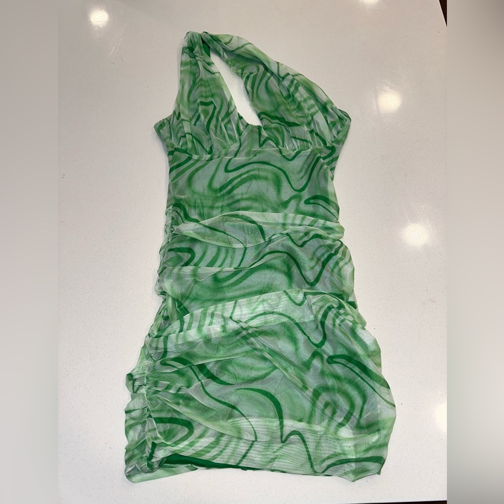 Green and White One Shoulder Mini Dress